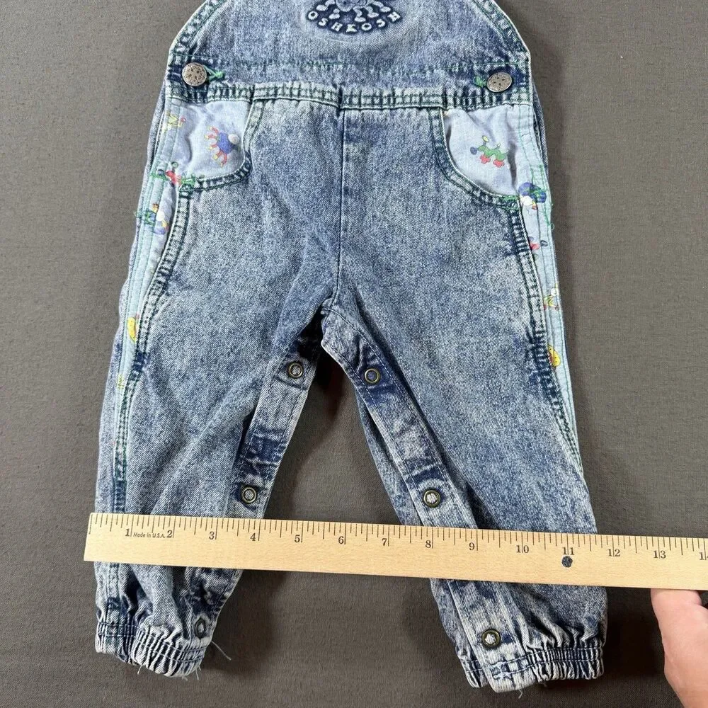 Vintage OshKosh B'Gosh Denim Overalls Sz 18 Months USA Made Acid Wash 3D Bugs